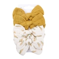 Detail of 4-pack cotton bow hair clips with yellow and leaf patterns on display card - Set 1 (FHML-2251)