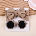 Baby bow headband and bear ear sunglasses set on white card with earthy tones - Bow Headband And Bear Sunglasses / Nude
