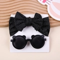 Detail of dark grey bow headband and black bear sunglasses on display card - Bow Headband And Bear Sunglasses / Black