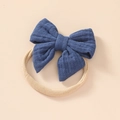 Soft cotton baby headband with navy blue crinkle bow and flexible beige nylon band - Navy Blue