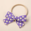 Detail of purple knitted floral bow with yellow dots on soft nylon baby headband - 9x6cm / Light Purple Off-White Floral