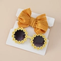 Detail of baby mustard lace bow headband and daisy sunglasses on display card - Two Item Set With Card / Yellow (#5)