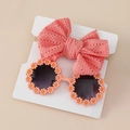 Detailed view of kids orange lace bow headband and round daisy flower sunglasses set - Two Item Set With Card / Orange Pink (#6)