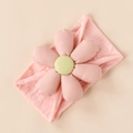 Detail of pink cotton baby headband with soft stuffed flower and green center - Headband 15*8.5cm / Pink and Green (#6)