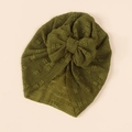 Detailed view of olive green waffle knit baby turban hat with a large matching bow - Army Green