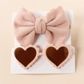 Pink heart-shaped baby sunglasses and soft waffle knit bow headband set for newborns - Light Pink