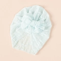 Close-up of light blue baby turban with textured dot fabric and oversized mesh bow - Lake Blue