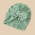 Mint green ribbed baby turban hat with a large decorative bow for autumn and winter - Bean Green