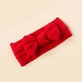 Detail of red striped knitted baby headband with a large soft bow decoration - Bright Red Style (#11)