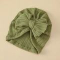 Baby turban hat in sage green ribbed knit fabric with a large decorative bow detail - Army Green