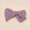 Detailed view of purple striped fabric bow clip with white stitching and linen texture - 8.5*6.5CM / Deep purple