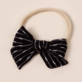 Detail of soft nylon baby headband featuring a black striped bow with high-elastic band - 8.5*6.5CM / Black