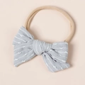 Detail of baby soft nylon headband with light blue striped fabric bow on beige background - 8.5*6.5CM / Light Blue