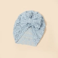 Detail of light blue lace baby turban hat with delicate hollow floral pattern and large bow - 20*17cm / Light Blue
