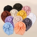 Knitted striped baby turban hats with donut knots in twelve assorted vibrant colors - Random Color