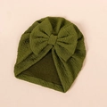 Detail of army green baby turban hat featuring a large bow and ribbed knit texture - 17*18.5cm / Olive Green