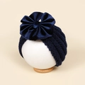 Berretto neonato blu scuro in maglia con grande fiocco in velluto e paraorecchie - 18*14cm / Blu navy