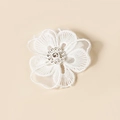 Close-up of white lace embroidered flower hairpin with crystal and bead center detail - Embroidered Flower Style (#3)