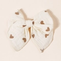 Detail of handmade muslin bow hair clip with brown heart pattern for girls - 11.5x10cm / White Coffee Heart (#8)