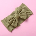 Olive green ribbed knit baby headband with a large 3D bow on a pink background - Bow Ribbed Style / 17*9cm / Light Green