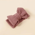 Detail of knitted dusty rose double layer bow headband with thick crochet texture - 16*8.5cm / Lotus root pink