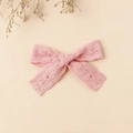 Close-up of pink lace embroidery bow hairpin with delicate floral pattern for girls - 8.5x6cm / Pink