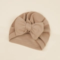Infant turban hat with large bow in soft light brown stretch fabric for newborns - 17.5*18cm / Khaki