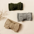 Close-up of waffle-knit baby headbands with bows in green, grey, and coffee colors - 16x8.5cm / Random Color