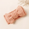Detail of salmon pink waffle knit baby headband with layered double bow design - 16x8.5cm / Light Orange