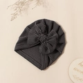 Gestreifte Baby-Turban-Mütze mit großer Schleife in schwarz-grau geripptem Strick - Dunkelbraun