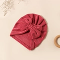 Gestreifte Baby-Turban-Mütze mit großer Schleife in Rosa und Rot für Neugeborene - Tomatenrot