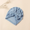 Newborn baby blue striped turban hat with a large bow detail made of soft knit cotton - Blue