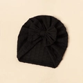 Close-up of black knitted baby turban featuring a large bow and ribbed texture - Black