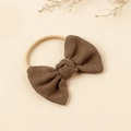 Brown linen bow headband with high-elastic beige nylon band for infants and toddlers - Tan