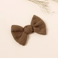 Coffee brown bow hair clip for girls with textured linen fabric and vintage style - Tan