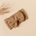 Macro shot of khaki knit nylon baby headband with large double bow texture detail - 16*9cm / Sunset Yellow