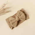 Detail of baby nylon headband featuring a large double-layer jacquard knit bow in khaki - #33 Dark Coffee / 16*9cm