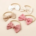 Set of 5 soft nylon baby headbands with fabric bows in cream, pink, and khaki colors - Random Color