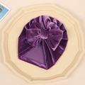 Soft purple velvet baby turban hat with a large bow detail for autumn and winter - Purple