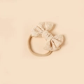Detail of soft beige nylon baby headband featuring a jacquard floral bow texture - Cream White Jacquard Style