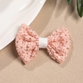 Detailed macro view of a light pink lace floral bow hair clip with embroidery on a warm background - Duckbill Hair Clips / Coral