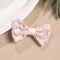 Detailed close-up of a pink lace bow hair clip featuring intricate floral embroidery - Duckbill Hair Clips / Light Pink