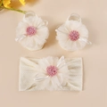 Ensemble bandeau et chaussettes pour bébé avec fleurs à pompons roses et tricot crème - Ensemble Fleur À Volants En Résille / Blanc Cassé