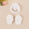 Detailed view of white baby headband with floral design and matching lace socks - 3D Flower And Lace Set / Creamy White (Random)