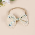 Baby floral lace bow headband with blue embroidery on high elastic nylon band - Blue Flower