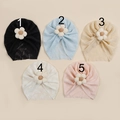 Detailed view of lightweight mesh lace baby turbans featuring 3D floral accents in five soft colors - Random Color