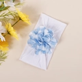 Detail view of baby headband with white elastic nylon and blue plaid fabric flower - White Blue Gingham