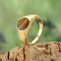 Detalle macro del anillo de sello dorado con piedra de ojo de tigre sobre corteza - Talla 7 / Ojo de tigre / Dorado