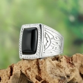 Vintage stainless steel ring for men with black square gemstone and floral engraving - Steel Color With Black Rhinestone