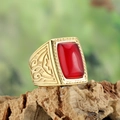 Vintage gold-plated stainless steel ring with rectangular red gemstone on wood - US 7 / Gold Red Zircon